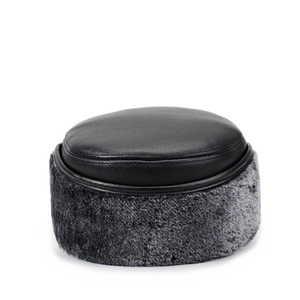 Winter men's leather flat cap with thick grey faux fur lining and ear protection