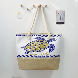 Women's beach tote bag with rope handles featuring a sea turtle and Greek pattern