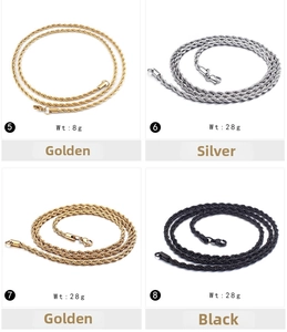 Detail view of multi-color stainless steel rope chains with lobster clasp in various weights