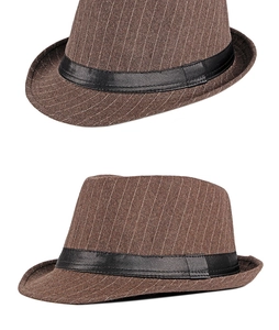Close-up of brown wool felt fedora with white pinstripes and black band detail