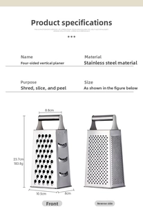 Macro detail of a 4-sided stainless steel box grater for vegetables with various blade types
