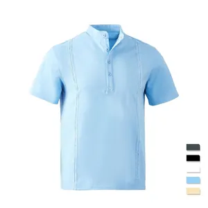 Men Henley Shirt Short Sleeve Band Collar Button Up Casual Summer Top Breathable Polyester Blend Vertical Pleated Detail