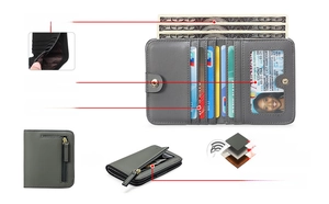 Detailansicht der grauen PU-Ledergeldbörse mit 6 Kartenfächern und RFID-Schutztechnologie
