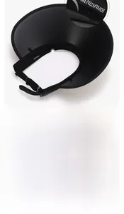 Detail of adjustable windproof rope and wide brim on a black open top sun visor hat