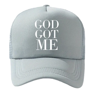 Gray mesh trucker hat with white God Got Me printed lettering and curved brim