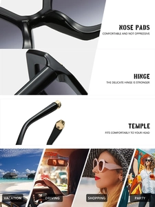 Detail view of hex sun glasses showing nose pads, hinges and ergonomic temple tips