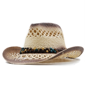 Chapeau de cowboy vintage en paille pour femme avec perles bohèmes et tissage aéré
