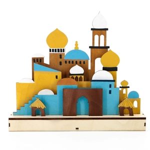 Detail of wooden Islamic architectural lamp with multilayered colorful palace design