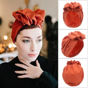 Women Turban Hat Pleated Flower Knot Indian Wrap Pullover Cap Stretchy Vintage Accessories For Lady