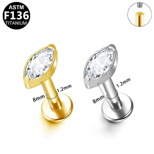 F136 titanium labret stud with marquise zircon in silver and gold, 1.2mm gauge