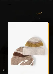 Detailed knit texture of thick two-tone striped beanies in beige and brown colors