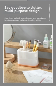 Close-up of dual-compartment desk organizer with white vertical textures and orange base