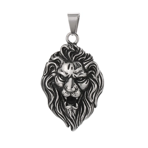 Retro punk style lion head pendant in oxidized silver finish stainless steel