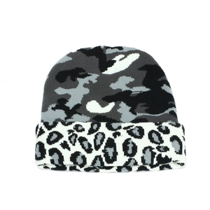 Detail of knitted beanie showing dual camouflage and leopard pattern textures