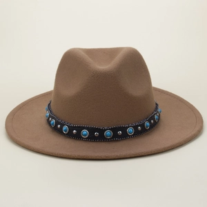 Brown wool fedora hat with turquoise stones and silver studs in bohemian cowboy style