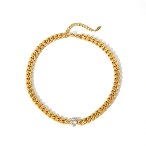 18K gold plated stainless steel curb chain necklace with a clear heart zircon pendant