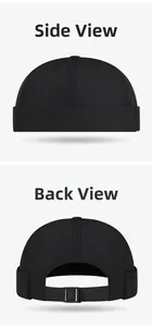 Detailed back view of black docker hat with adjustable nylon strap and buckle closure