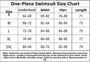 Size chart table for one-piece swimsuit showing bust waist and hip measurements in cm
