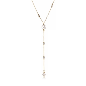 Elegant gold plated stainless steel Y-necklace with white baroque pearl tassels
