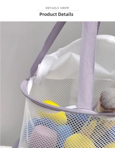 Close-up of white mesh drying bag for makeup sponges and brushes with purple strap