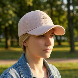 Women's pink herringbone baseball cap with gold alo logo in a sunny outdoor park setting