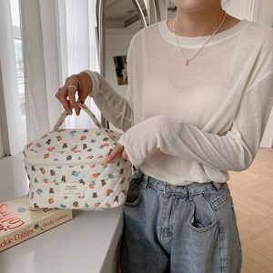 Trousse à maquillage en coton fleuri avec motif ours et poignée de rangement pratique