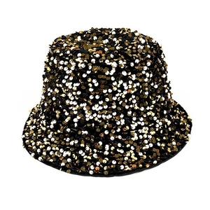 Fashionable bucket hat featuring black and gold sequins for a sparkling hip-hop style