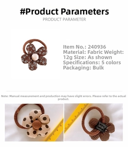 Detail view of floral fabric hair ties in brown tones showing sizes and materials