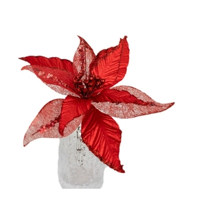 Fleur de poinsettia rouge de 25cm en tulle avec paillettes pour décoration de Noël