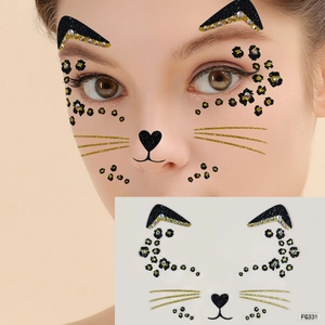Acrylic cat-pattern face jewels and rhinestone temporary tattoos for makeup and party