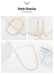 Three-piece daisy jewelry set with necklace earrings and bracelet in gold finish