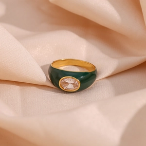 Vintage Stainless Steel 18K Gold Plated Oval Rhinestone Enamel Ring For Women Retro Fashion Geometric Finger Ring Jewelry