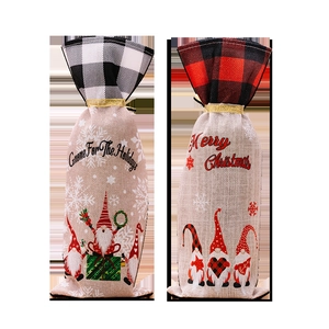 Christmas gnome wine bottle bags with red and black buffalo plaid and jute linen texture