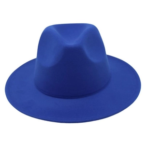 Close-up of royal blue wool fedora hat featuring classic indented top and flat brim