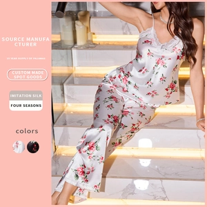 Pyjama Femme Top À Bretelles Et Pantalon Long Imitation Satin Satin Imprimé Floral Rose Dentelle Col V