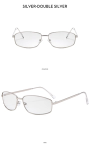 Silver metallic narrow rectangular sunglasses shown from positive and side view perspectives
