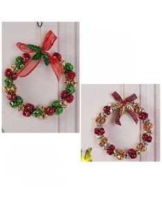 Macro detail of multicolored Christmas bell wreath featuring red bows and holly leaves