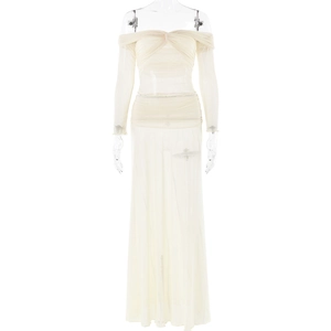 Detail of beige off-shoulder dress with ruched long sleeves and sheer mesh hemline