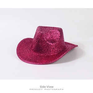 Side view of shimmering fuchsia pink glitter cowboy hat for party and stage performance