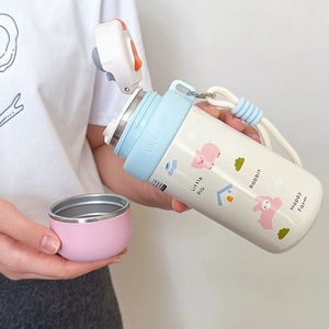 Pink and blue cartoon stainless steel thermos with dual-purpose lid and carrying strap