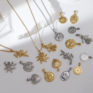 Vintage Stainless Steel Pendant Necklace Electroplated Angel Sun Heart Butterfly Coin Portrait Retro Jewelry For Women