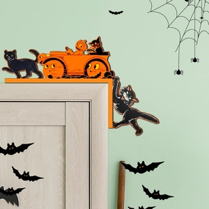 Halloween vintage wood door corner decor with black cat pumpkin and bat silhouettes