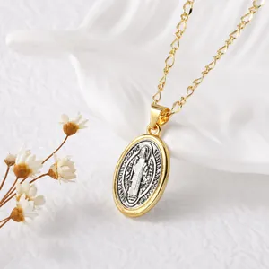 Close-up of dual-tone Virgin Mary pendant with detailed dimensions 45cm chain and 22mm medal