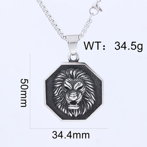 Detailed dimensions of the retro lion head hexagonal pendant showing 50mm height and 34.5g weight