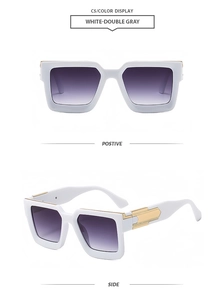 Front and side view of white square sunglasses with double gray gradient lenses