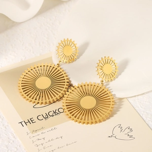 Vintage Stainless Steel 18K Gold Plated Large Round Sunbeam Hoop Drop Earrings For Women Fashion Jewelry Accessories