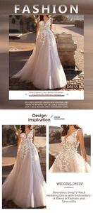Detailed close-up of ivory wedding dress featuring 3D floral embroidery and deep V-neck