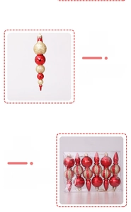 Detail of Christmas tree ornament bead strings with red and gold baubles and top hanging hooks
