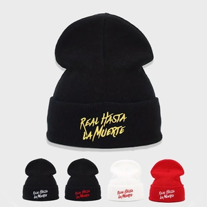 Beanie Hat Acrylic Ribbed Knit Embroidered Letters Streetwear Winter Warm Casual Folded Cuff Cap For Men Women