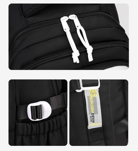 Detail view of durable black nylon school backpack showing high-quality zippers and buckles